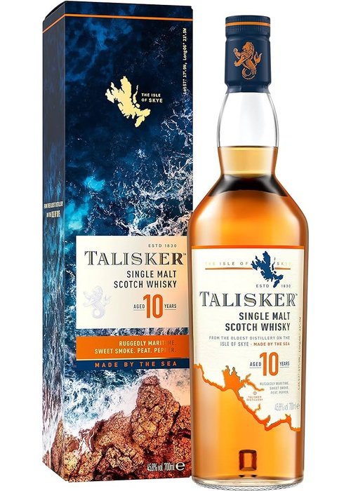 Talisker 10 Year Old Single Malt Scotch Whisky bottle and box with blue cap and gold sea lion emblem