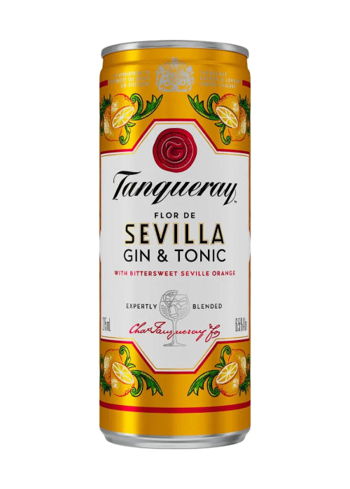 Tanqueray Flor De Sevilla Gin & Tonic ready to drink cocktail can with Seville orange and bittersweet flavor