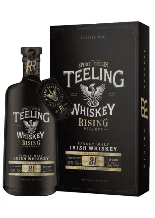 Teeling Rising Reserve No. 2 21-Year-Old Irish Single Malt Whiskey bottle and limited edition black box packaging