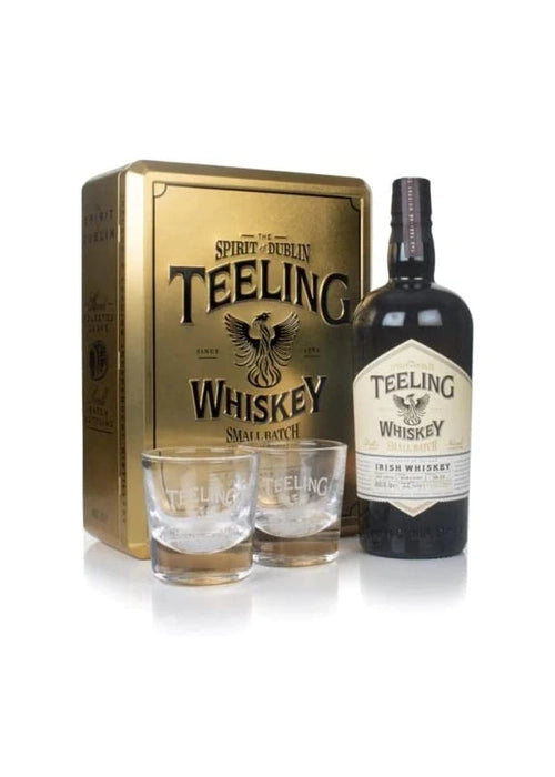 Teeling Small Batch Irish Whiskey gift pack with two etched glasses and gold tin