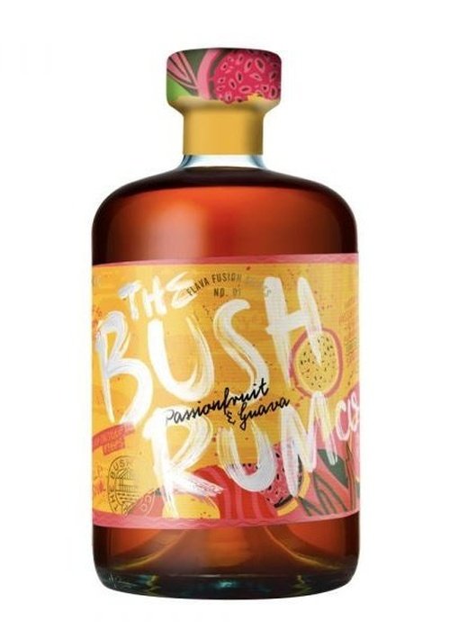 The Bush Rum Co Passionfruit Guava 700ml amber rum bottle with yellow label and fruit illustrations