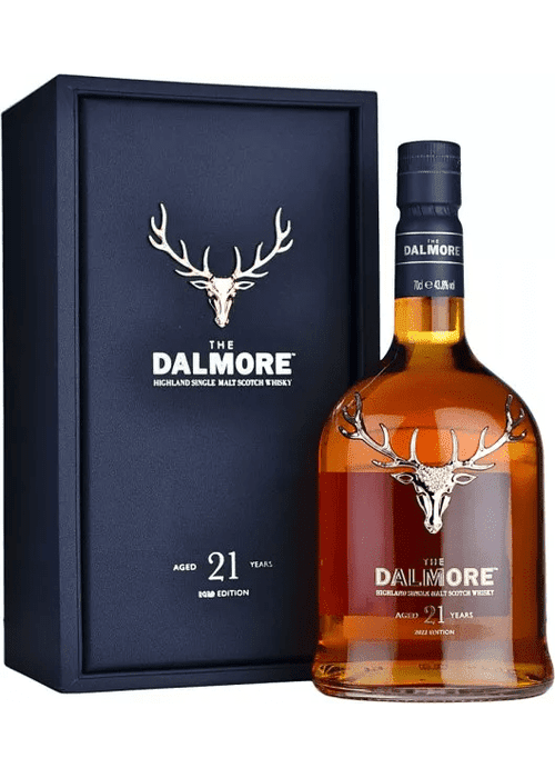 The Dalmore 21 Year Old Highland Single Malt Scotch Whisky bottle with stag logo and navy presentation box