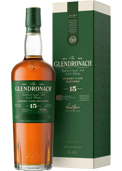 GlenDronach 15 Year Old Highland Single Malt Scotch Whisky in green and white box