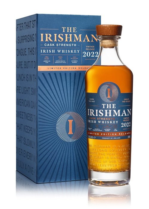 The Irishman Cask Strength 2022 limited edition Irish whiskey bottle with blue box