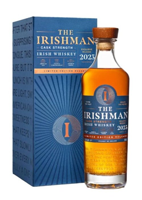 The Irishman Cask Strength 2025 Limited Edition Irish Whiskey bottle with blue and orange label beside packaging