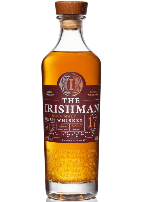 The Irishman 17 Year Old Single Malt Irish Whiskey bottle with maroon label and cork stopper
