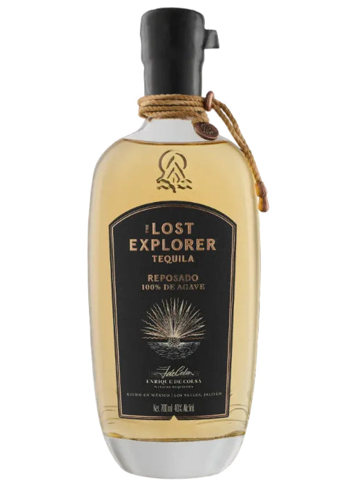 The Lost Explorer Reposado Tequila 700ml bottle with black label, gold text, and copper tag