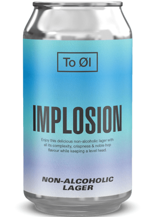 To Øl Implosion NA Lager 330ml aluminum can with blue to purple gradient label