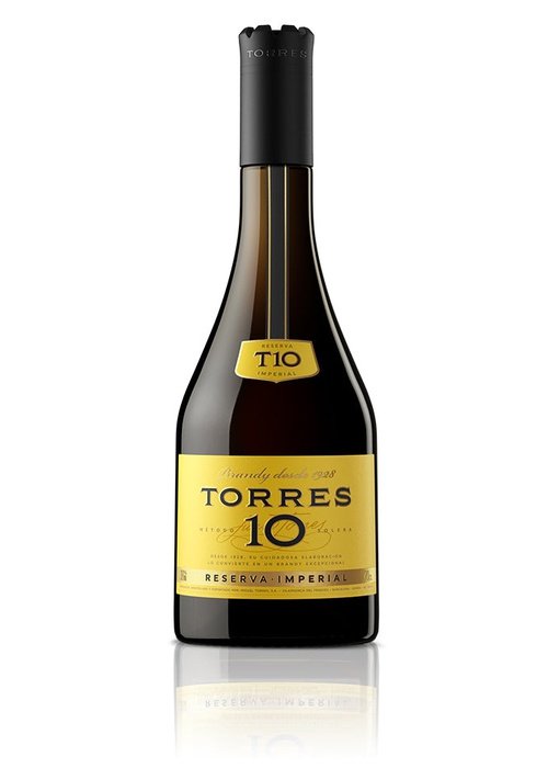 Torres 10 Gran Reserva Brandy bottle with gold label and dark amber liquid