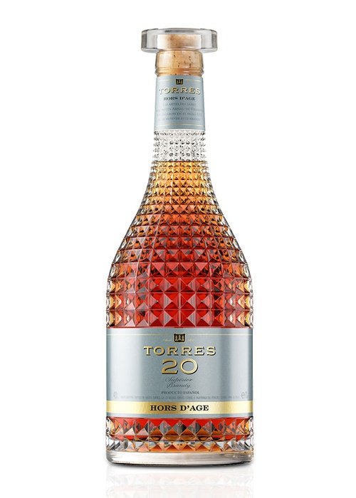 Torres 20 Hors d'Age Spanish brandy bottle with amber liquid and silver label
