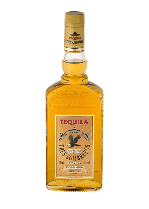 Tres Sombreros Gold Tequila 700ml bottle with gold foil cap and Mexico label
