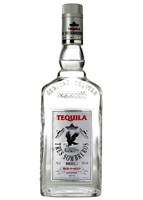 Tres Sombreros Silver 700ml tequila bottle with silver cap and Mexico label