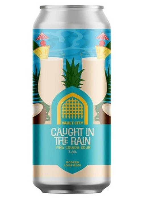 Vault City Caught In The Rain 440ml Pina Colada Sour Beer can with tropical pineapple and coconut design