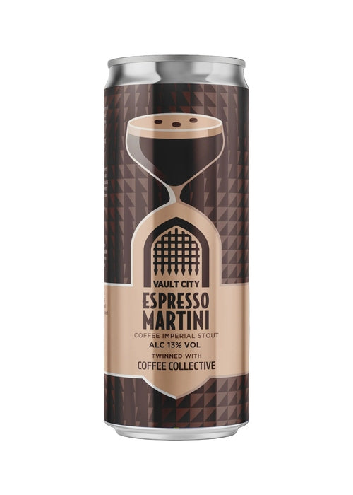 Vault City Espresso Martini Coffee Imperial Stout 330ml can with brown geometric label and shield design