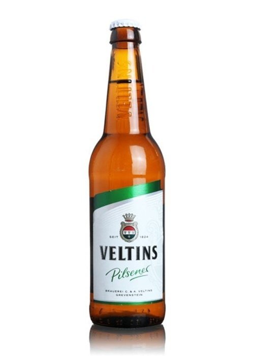 Veltins Pilsner 500ml German beer bottle with white and green label