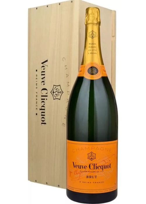 Veuve Clicquot Jeroboam Brut Yellow Label champagne bottle with orange label and wooden presentation box