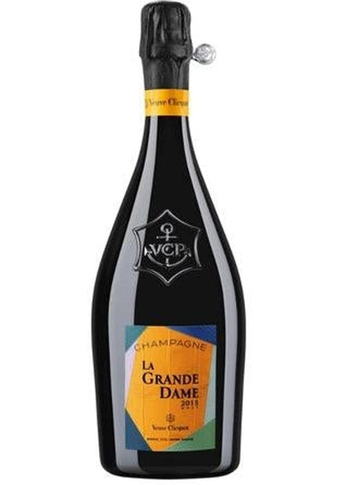 Veuve Clicquot La Grande Dame 2015 Champagne bottle with yellow neck band and colorful geometric label