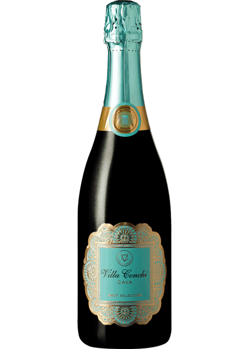 Villa Conchi Brut Selection Cava sparkling wine bottle with teal foil and ornate gold label
