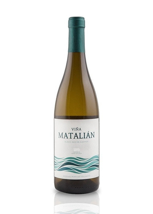 Vina Matalian dry white wine bottle with green glass and teal foil cap