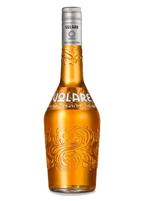 Volare Apricot Brandy Liqueur 700ML glass bottle with amber liquid and embossed floral patterns