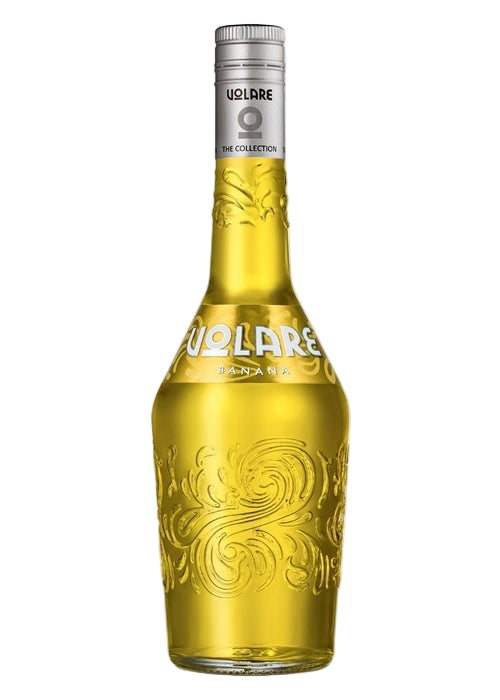 Volare Banana 700ml golden-yellow Italian liqueur bottle with embossed floral patterns and silver cap