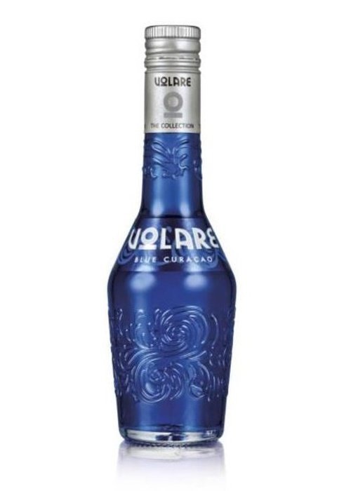 Volare Blue Curacao 350ml liqueur bottle with deep blue glass and embossed floral design