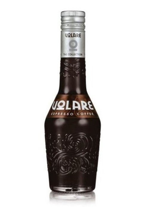 Volare Espresso Coffee liqueur in dark brown glass bottle with embossed floral patterns and silver foil cap