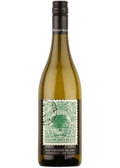 Walnut Block Sauvignon Blanc wine bottle with vintage postage stamp label from Marlborough New Zealand