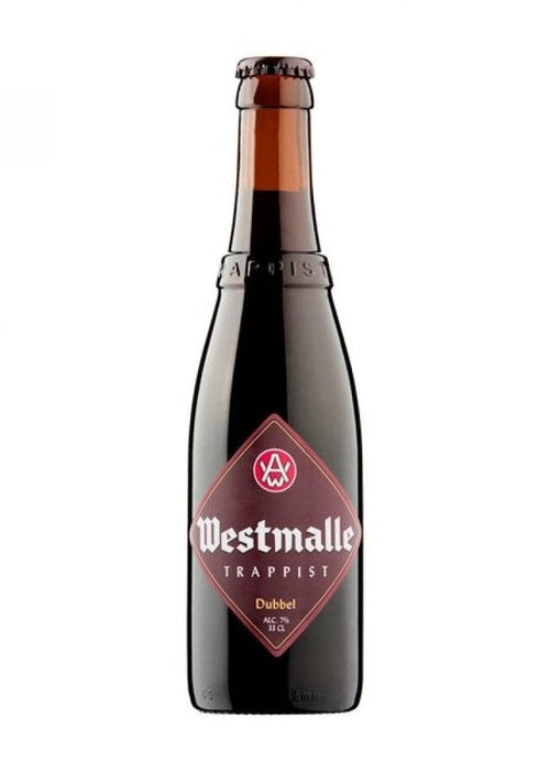 Westmalle Dubbel 330ml Trappist beer bottle dark amber with maroon label