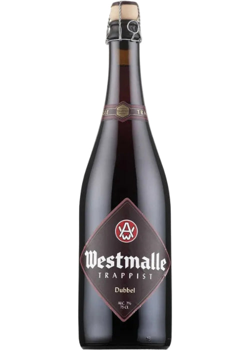 Westmalle Dubbel 750ml dark Trappist beer bottle with swing-top cap and maroon label