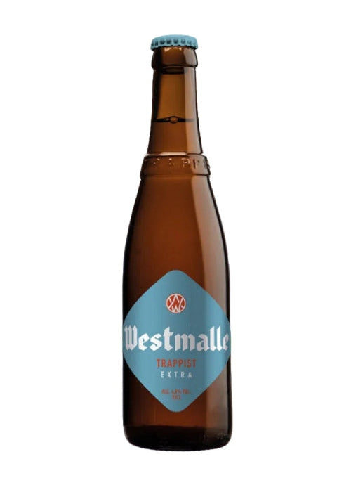 Westmalle Extra 330ml Trappist beer bottle with blue label and 4.8% ABV