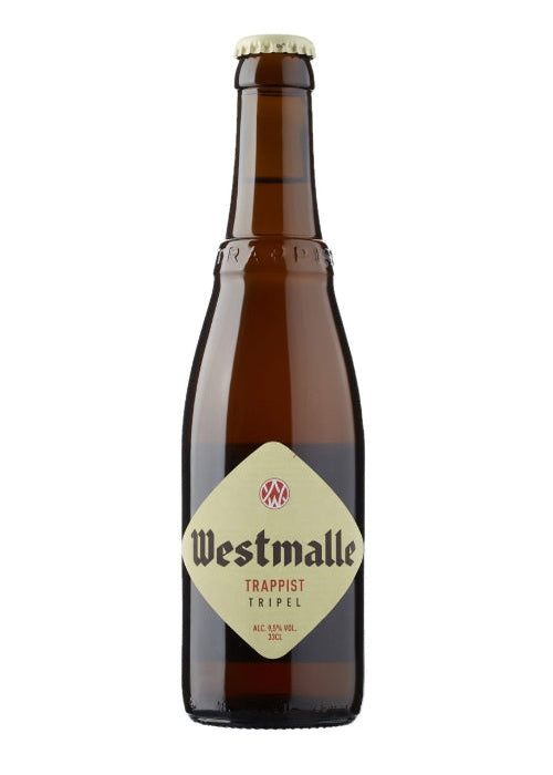Westmalle Tripel 330ml Trappist beer bottle with gold cap and cream label