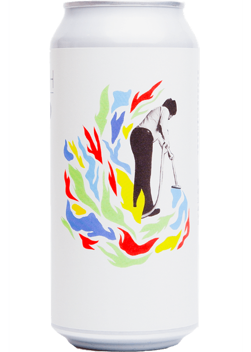 Whiplash Covered In Dust IPA 440ml can with abstract flame artwork and vacuum illustration