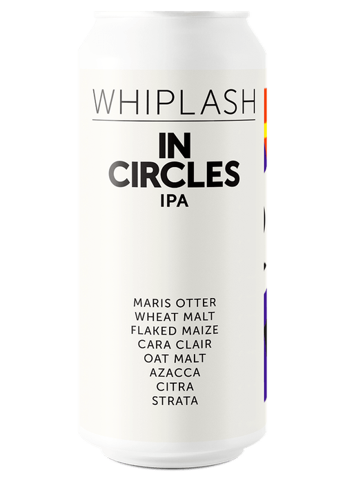 Whiplash In Circles IPA 440ml aluminum can with rainbow stripe and ingredient label