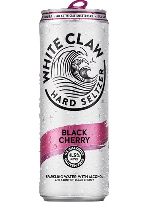 White Claw Black Cherry hard seltzer 330ml can with gluten free and 95 calories label
