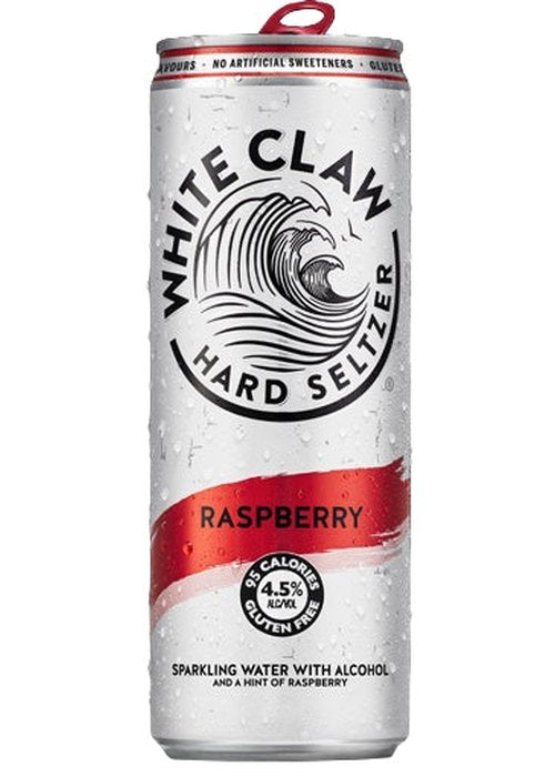 White Claw Hard Seltzer Raspberry 330ml aluminum can with condensation and gluten-free label