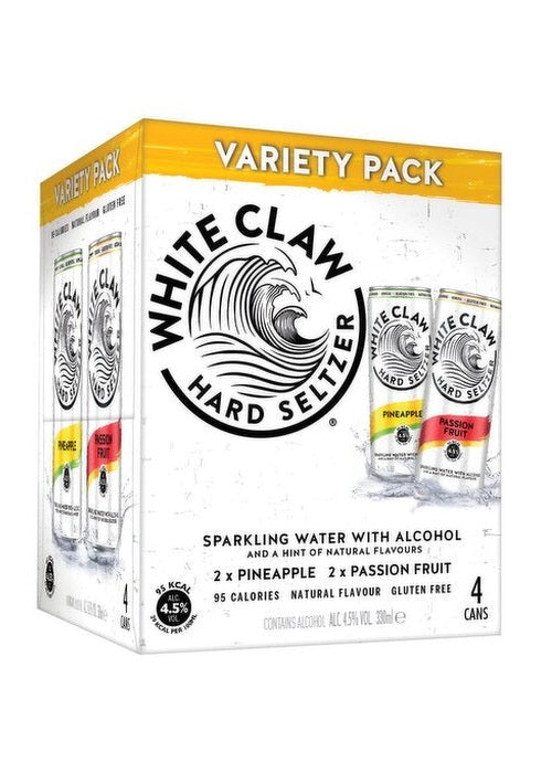White Claw Hard Seltzer Variety Pack with Pineapple and Passionfruit flavors, 4 cans of gluten-free sparkling water