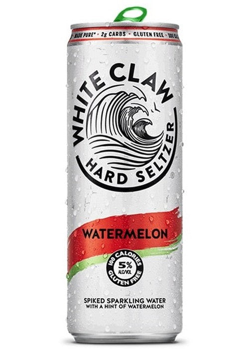 White Claw Hard Seltzer Watermelon 330ml aluminum can with condensation, 100 calories and gluten-free label