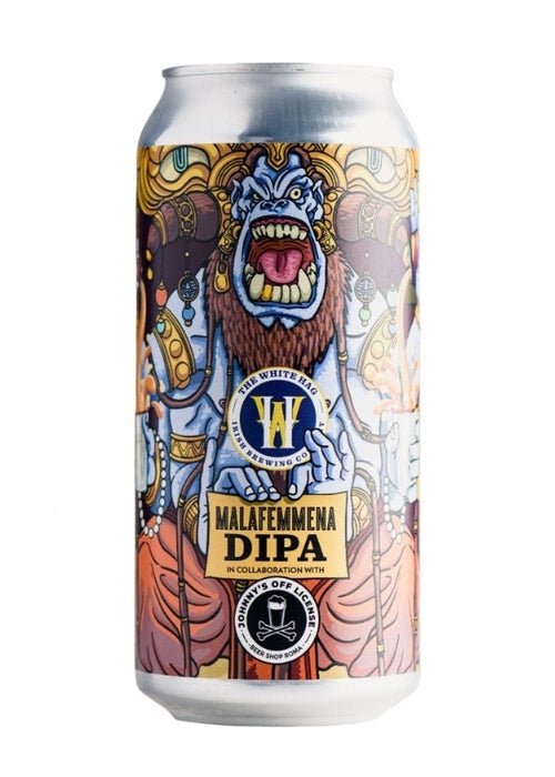 White Hag Malafemmena DIPA 440ml can with colorful mythical creature label and gold red design