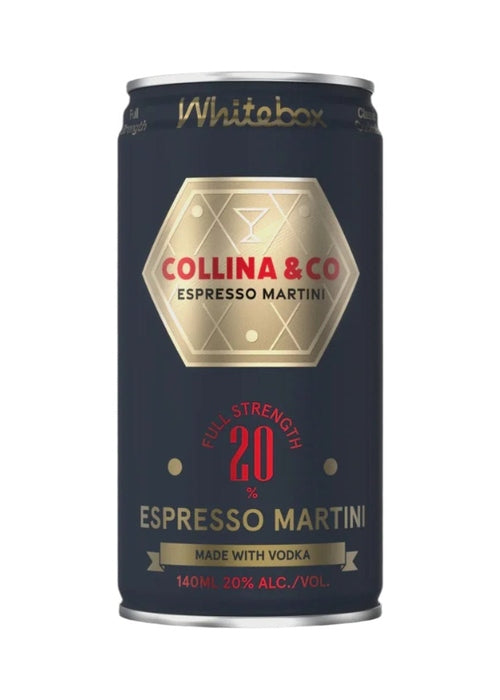 Whitebox Collina & Co Espresso Martini ready to drink cocktail in dark navy aluminum can with gold hexagonal emblem