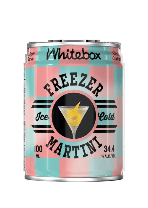 Whitebox Freezer Martini 100ml ready-to-drink cocktail in silver can with pink and teal checkered label