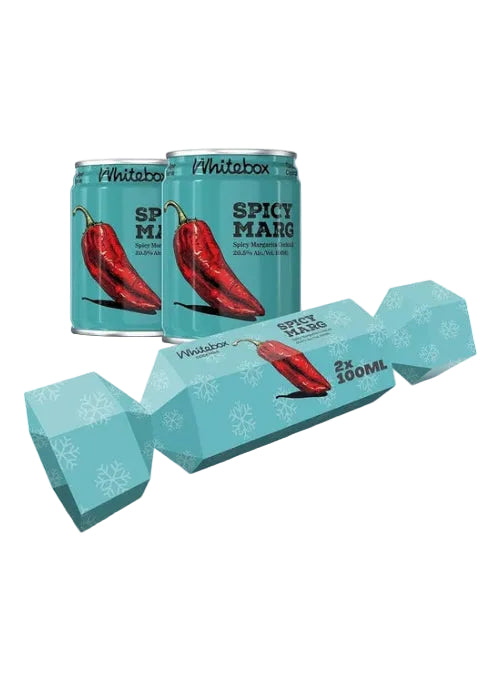 Whitebox Spicy Margarita Christmas cracker gift pack with two 100ml teal cans featuring chili pepper design