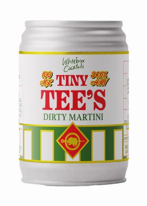 Whitebox Tiny Tee's Dirty Martini 100ml ready-to-drink cocktail can with olive garnish logo