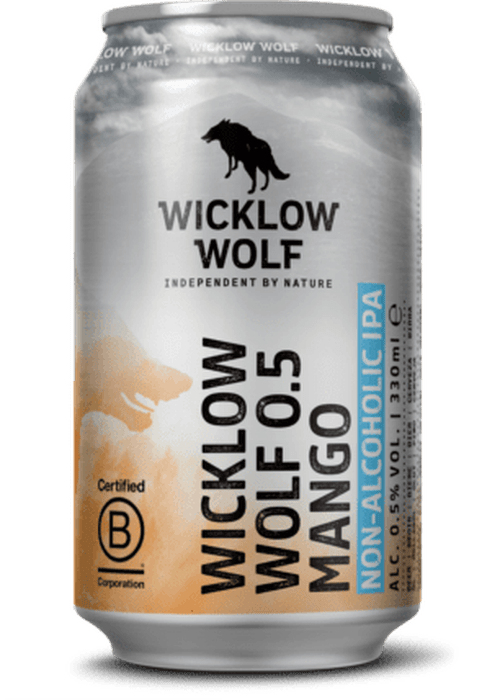 Wicklow Wolf 0.5 Mango Non-Alcoholic IPA 330ml silver can with wolf logo