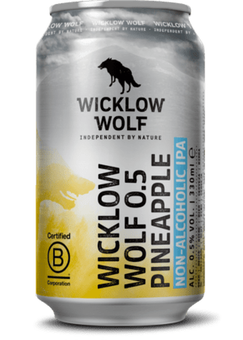 Wicklow Wolf 0.5 Pineapple Non-Alcoholic IPA silver can with pineapple forward hops and B Corp logo