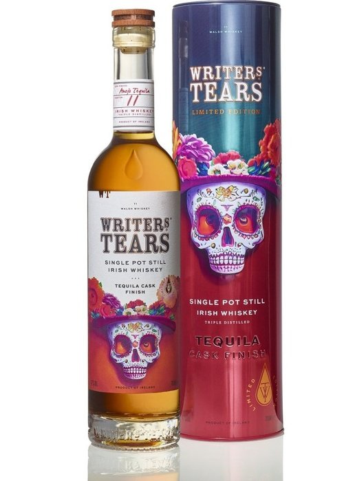 Writers' Tears Tequila Cask Finish Irish whiskey bottle with sugar skull label and limited edition tube packaging