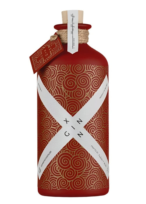 Xin Gin 700ML bottle with matte red body, gold spiral pattern and white X-shaped label