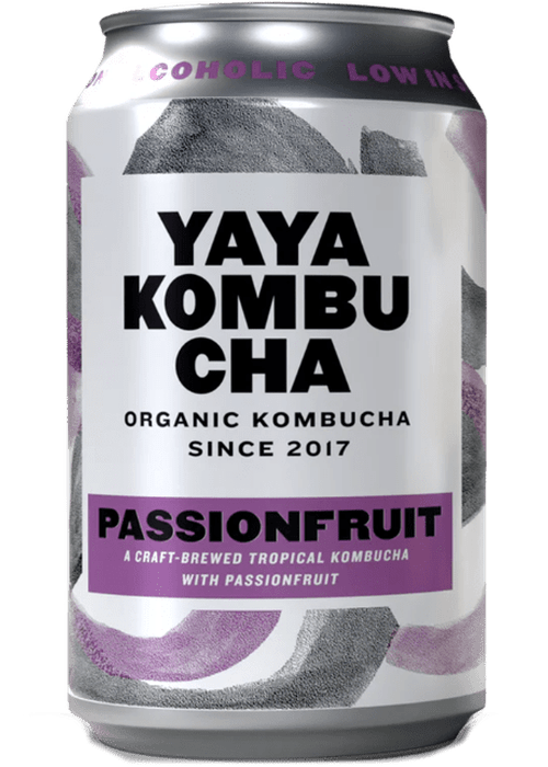 Yaya Passionfruit Organic Kombucha 330ml silver can with purple label