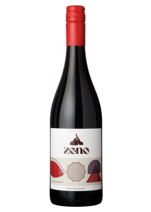 Zeno Alcohol Free Red Wine bottle with ruby red liquid and geometric label