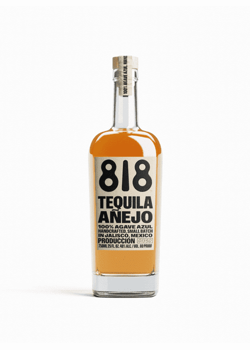 818 Tequila Anejo 700ml amber tequila bottle with cork stopper and 100% agave label